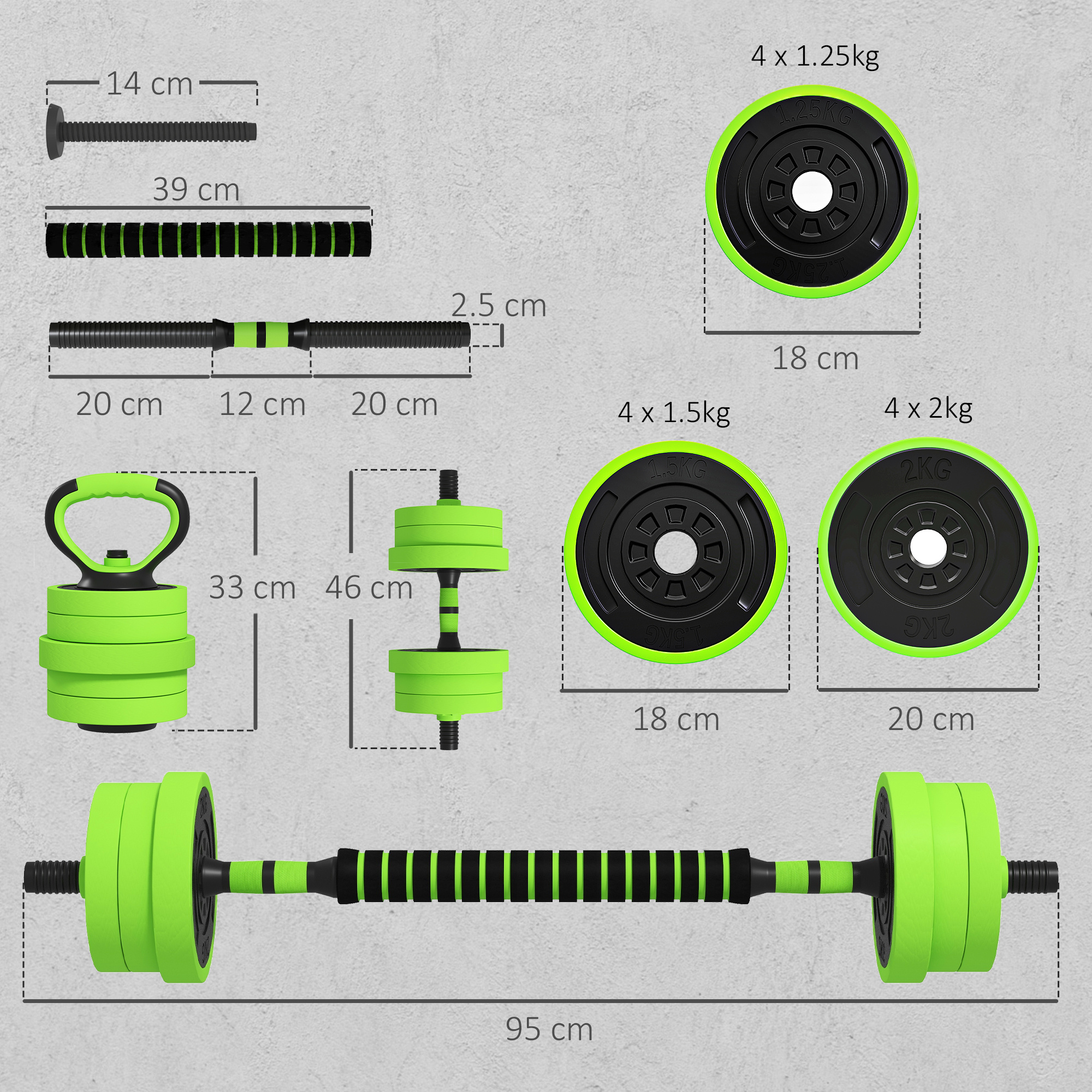 SPORTNOW 20kg 6-In-One Adjustable Weight Dumbbells Set, Barbell, Kettlebell, Push Up Stand – Green