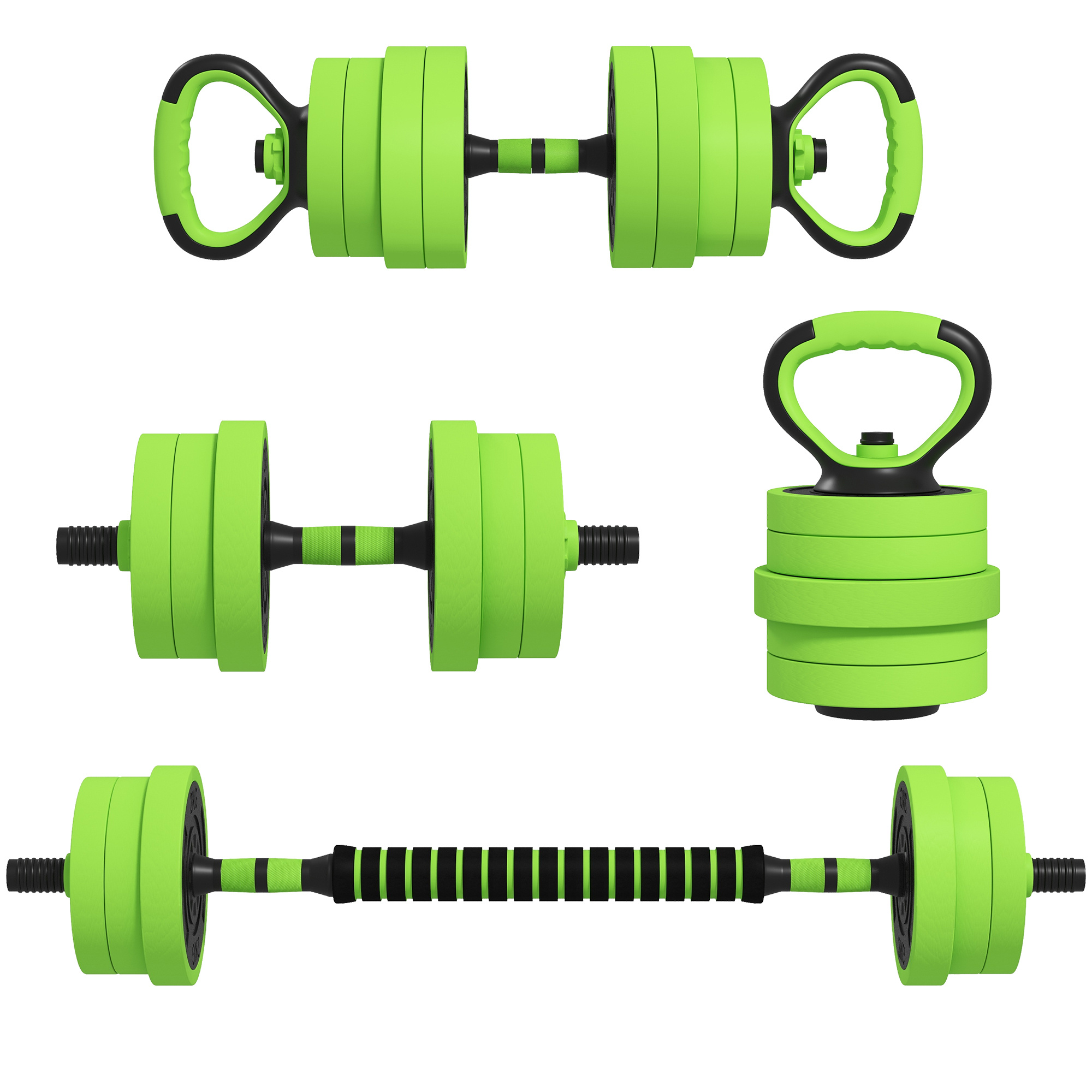 SPORTNOW 20kg 6-In-One Adjustable Weight Dumbbells Set, Barbell, Kettlebell, Push Up Stand – Green